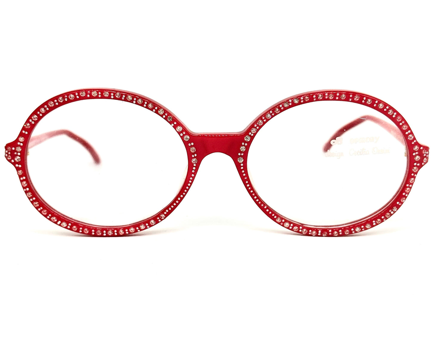 C. Orsini Armony round red eyeglasses fully set with rhinestones, hand made in Italy NOS 80s