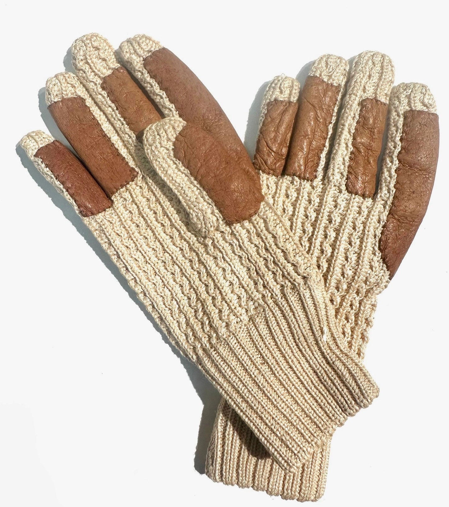Artisanal Cotton knit driving style gloves w/ tan leather  reinforcements, NOS 80s mint