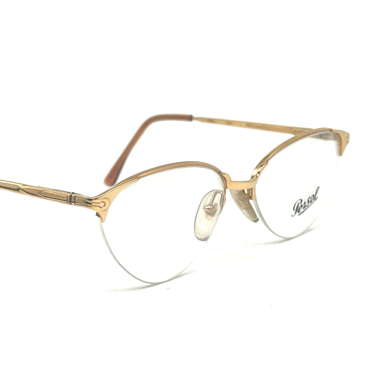 Persol Ratti Eras golden cateye glasses frames w nylor half-rim mount, sleek design; NOS 80s Italy