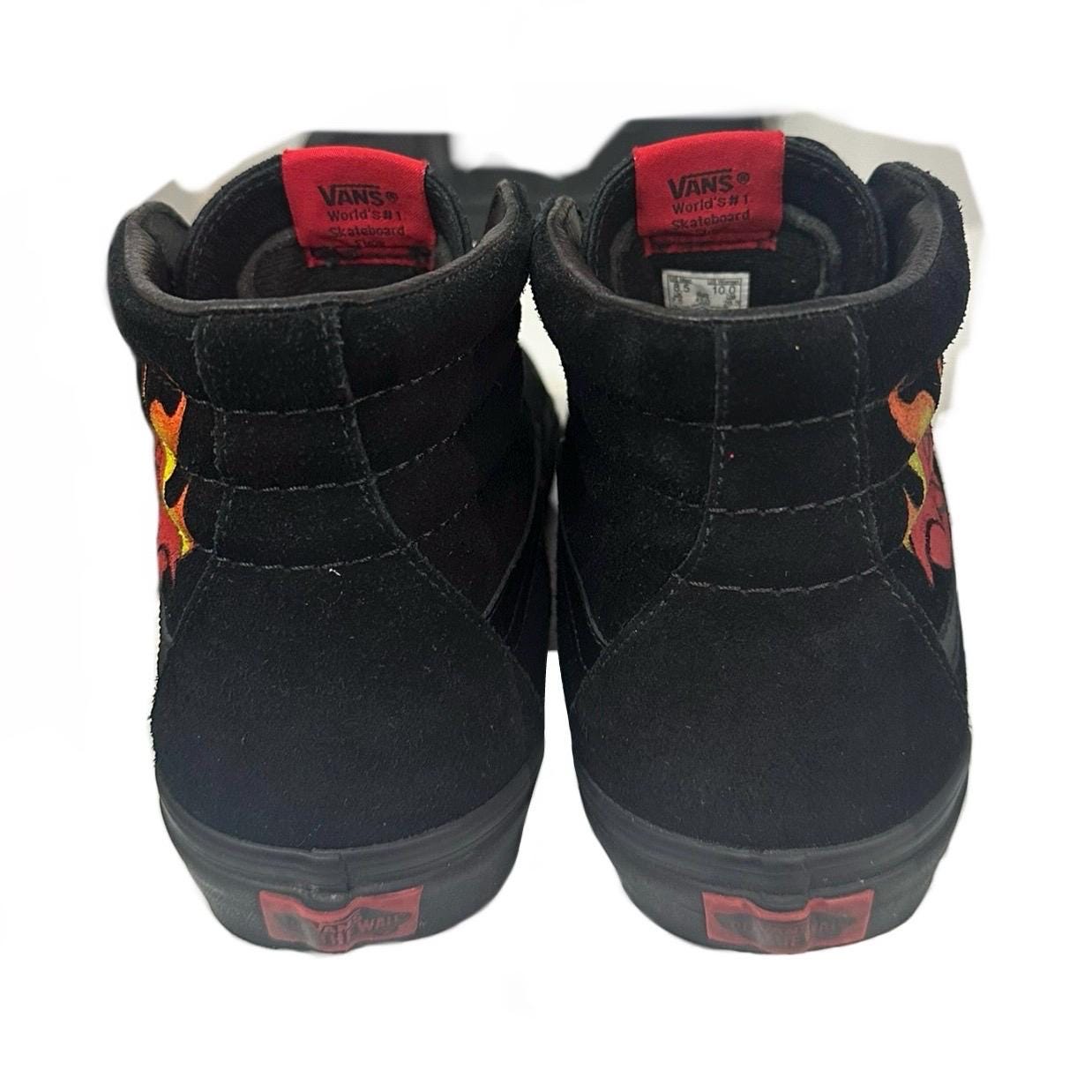 Vans SK8-HI black suede and leather interior hand painted custom with a burning red rose size EU 41 US Men 8.5 / Women 10