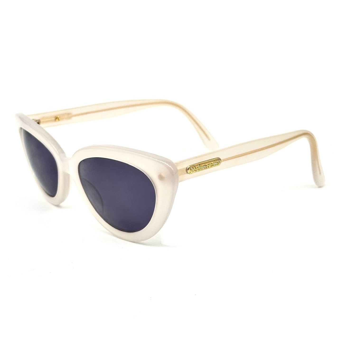 Bluemarine BM521 frosted clear cello cateye sunglasses with golden logo on the sides, NOS 90s Italy