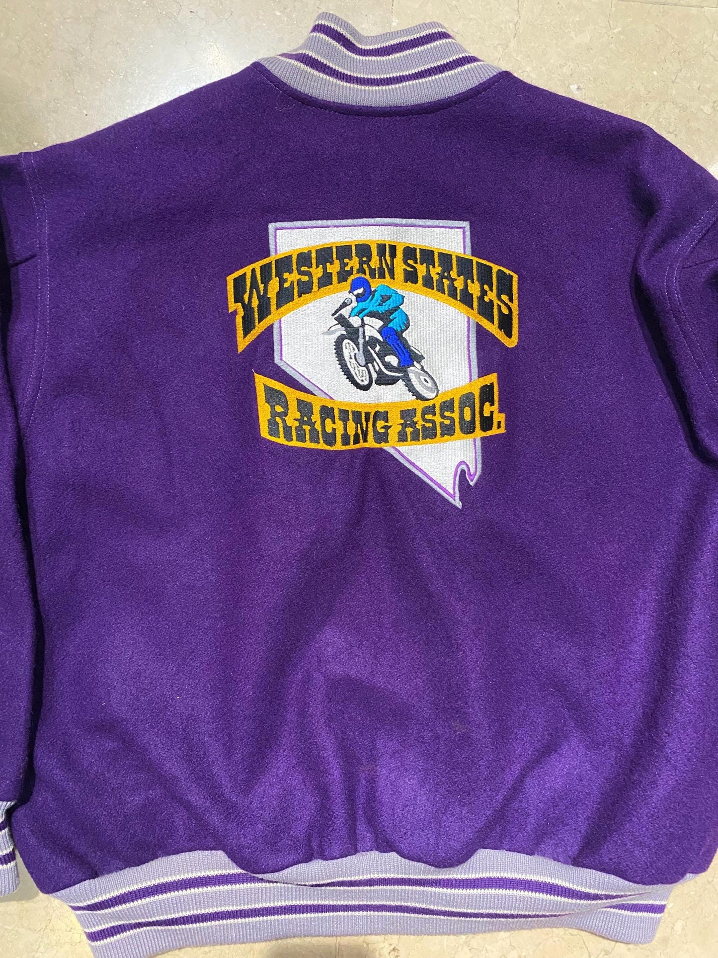 Western St. Racing Ass. Purple wool Varsity Jacket w embroidered details, XL