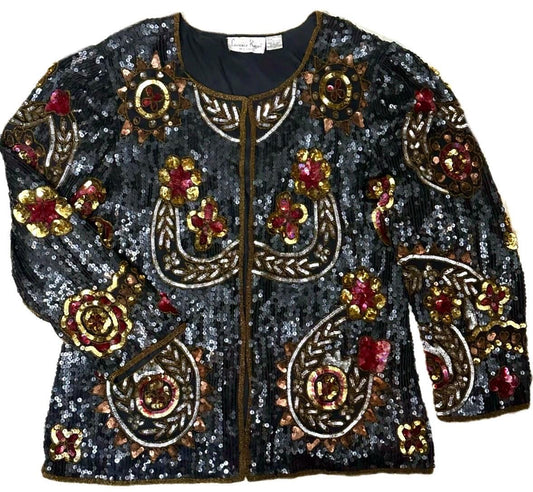 Lawrence Kazan silk jacket fully hand embroidered w sequins & beads, mint sz XL