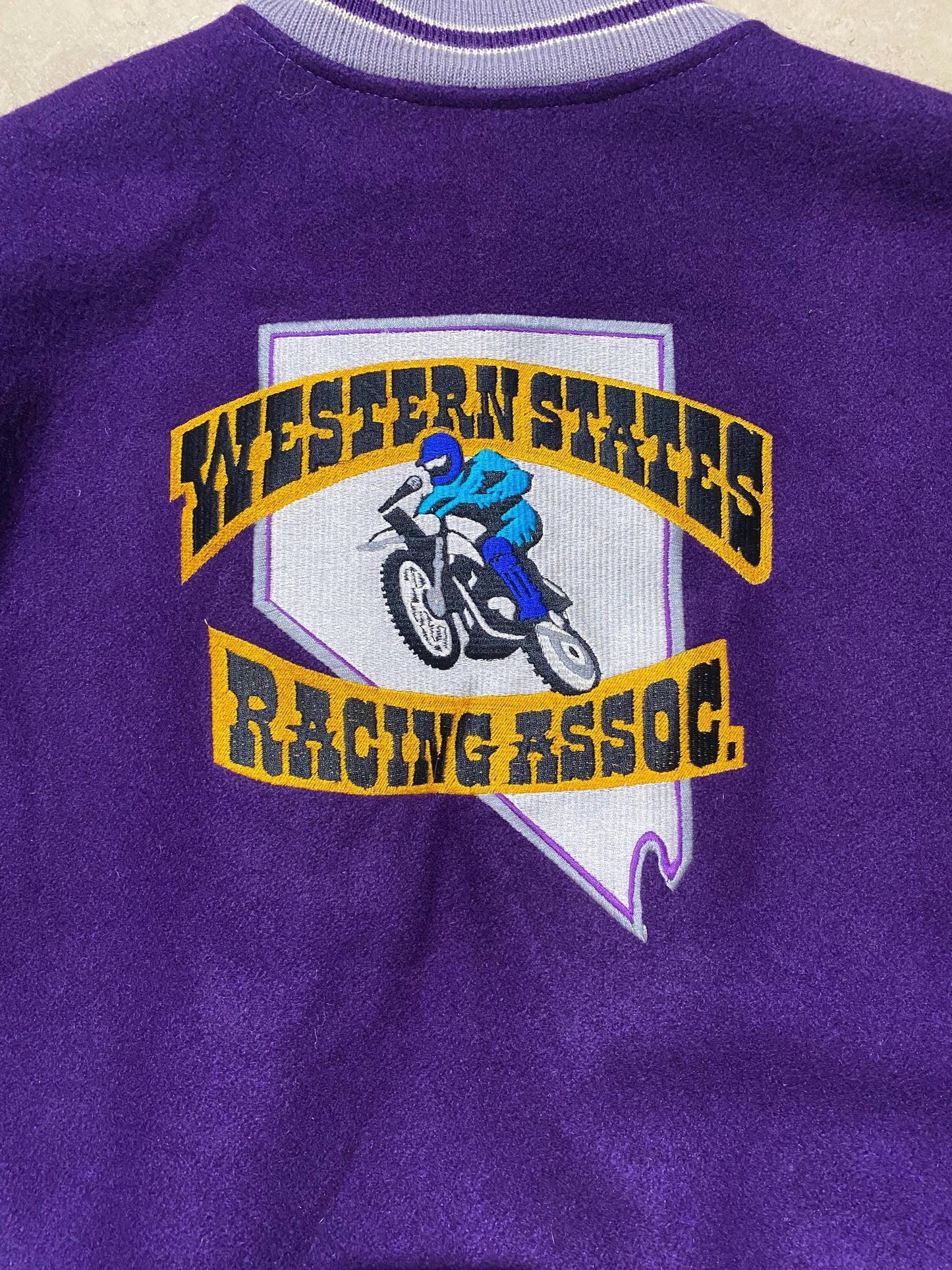 Western St. Racing Ass. Purple wool Varsity Jacket w embroidered details, XL