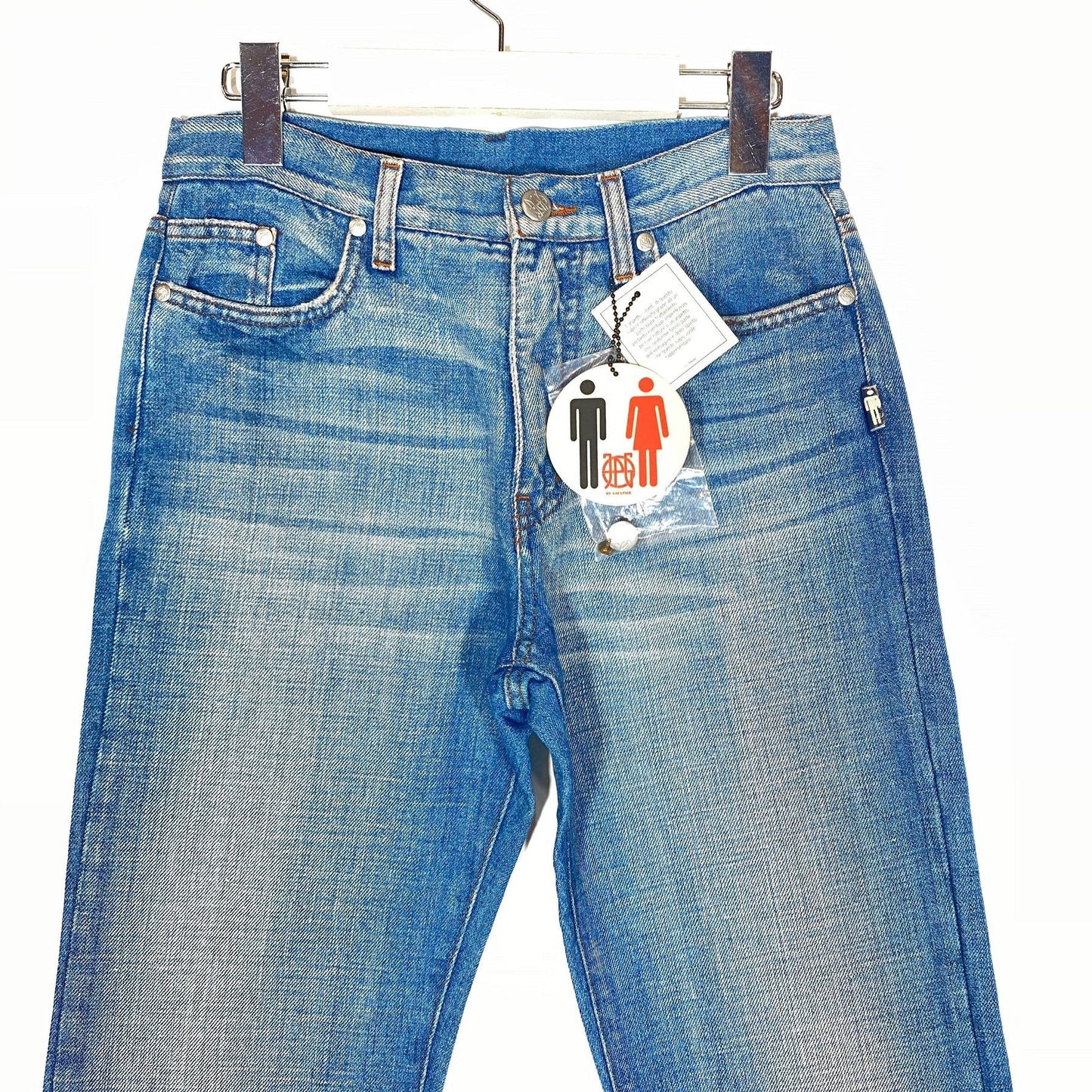 Jean Paul Gaultier 90s NOS straight blue jeans “used look, mint and with tags sz 27