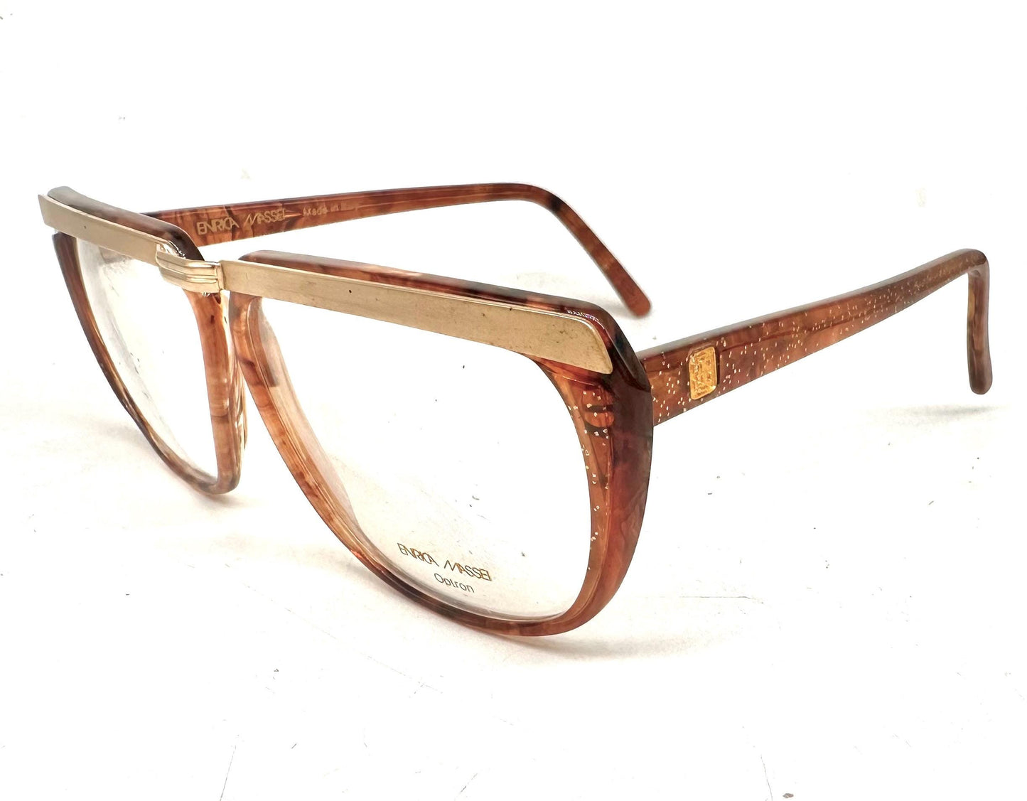Enrica Massei modern square glasses in black or honey sparks w golden browline/bridge, 80s NOS