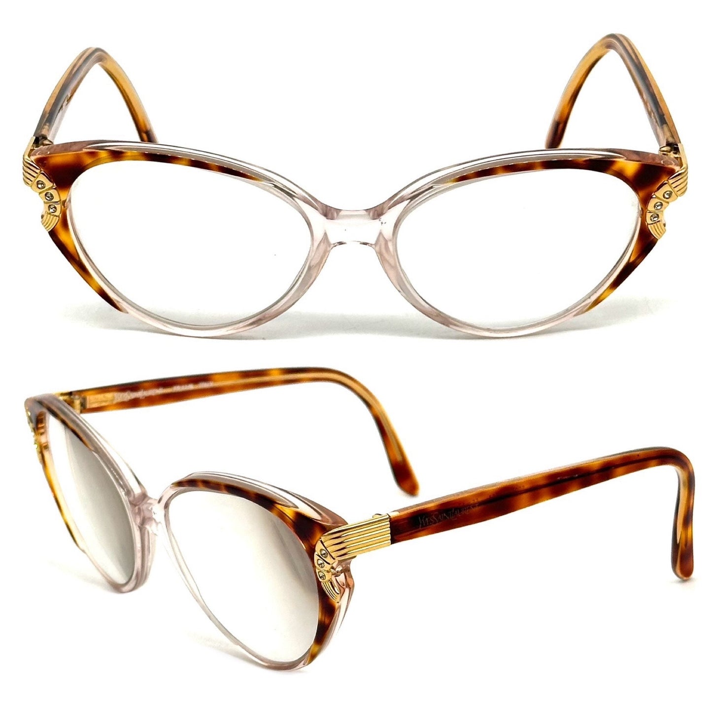 Yves Saint Laurent 5005 brown tortoise acetate cateye eyeglasses with gold details and rhinestones YSL NoS