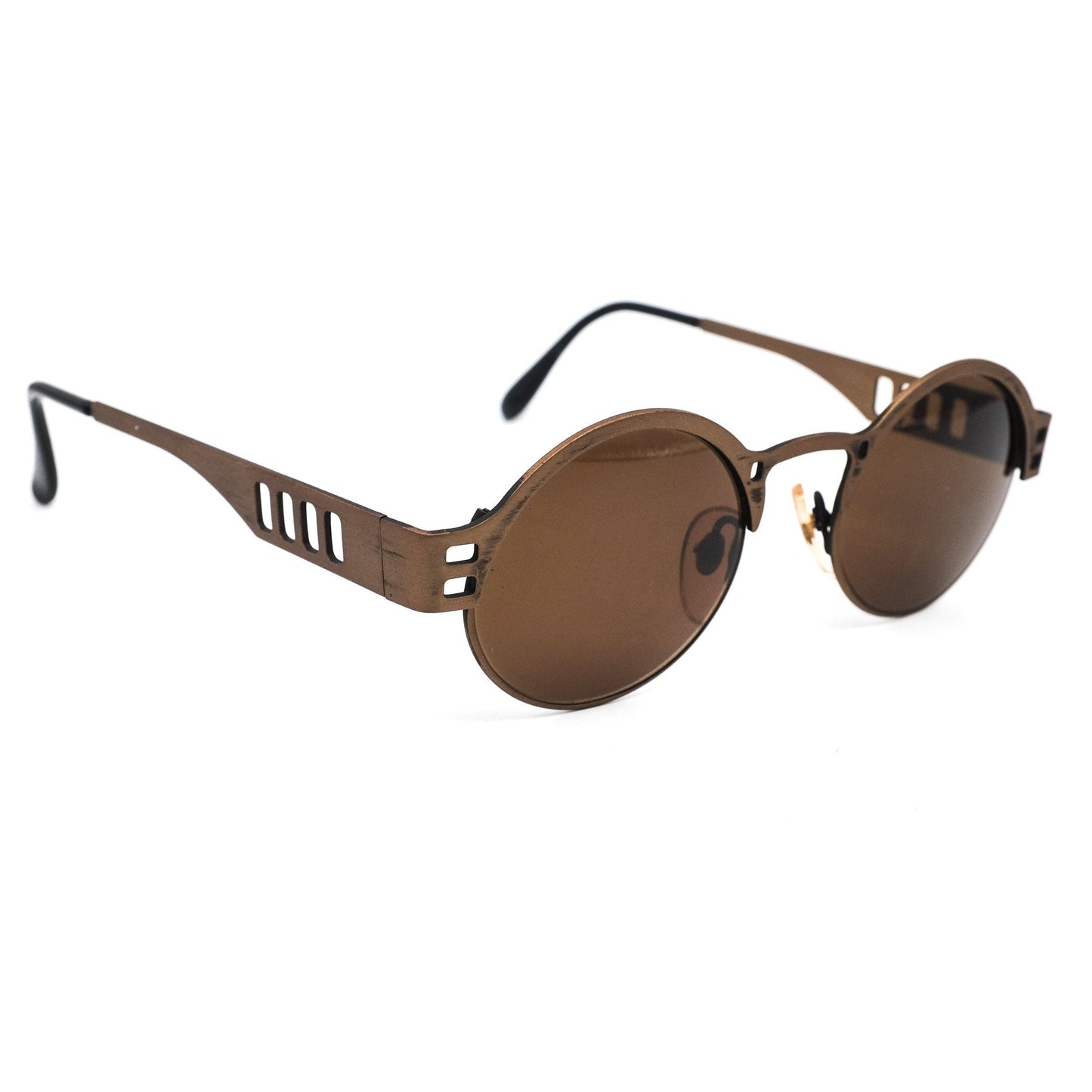 AndBad round steampunk sunglasses w cutoff detailed temples, made in antiqued brass metal , NOS 80s Italy
