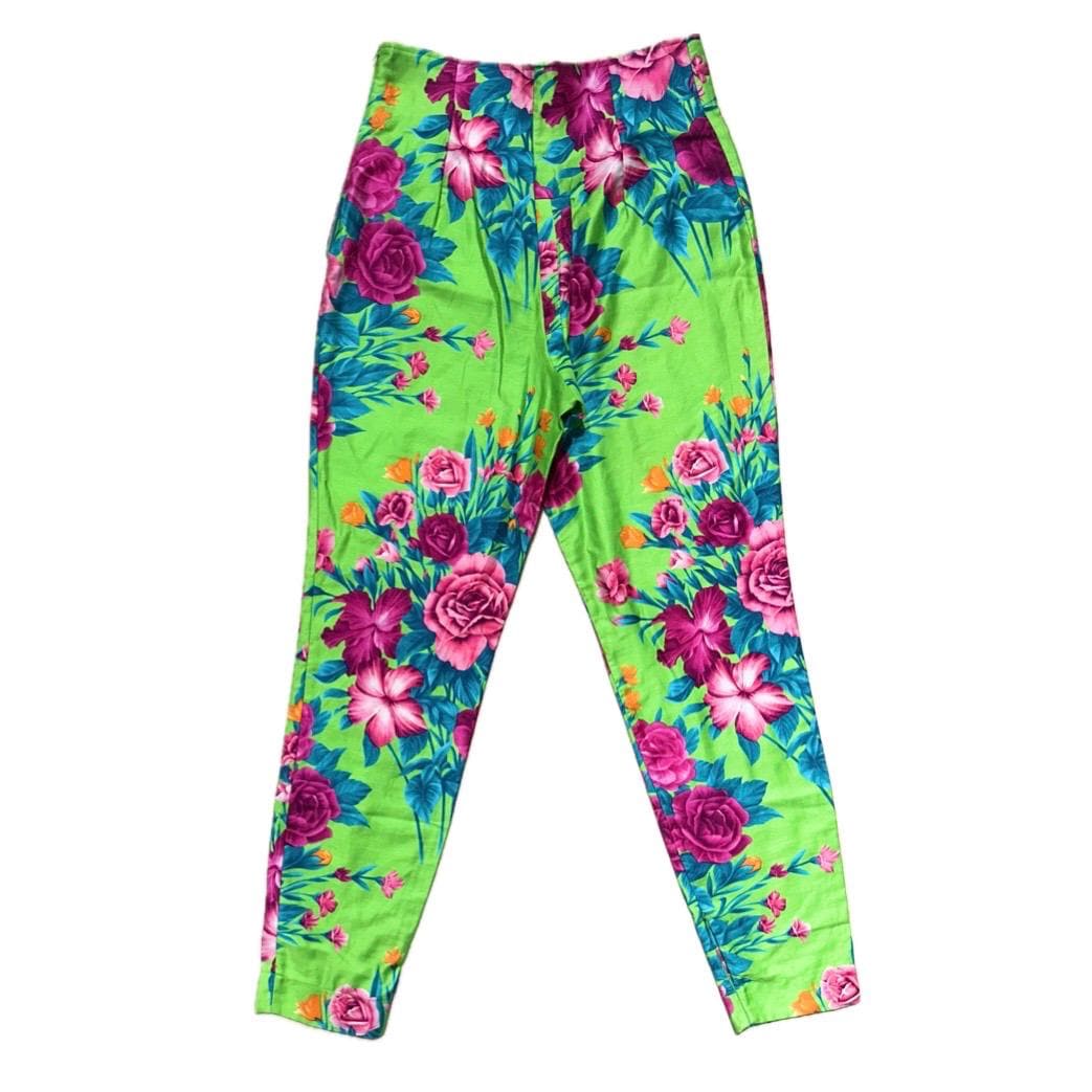 Complice by Dolce & Gabbana floral green cotton pant with pink roses and orange flowers print size 44 IT NOS 90s
