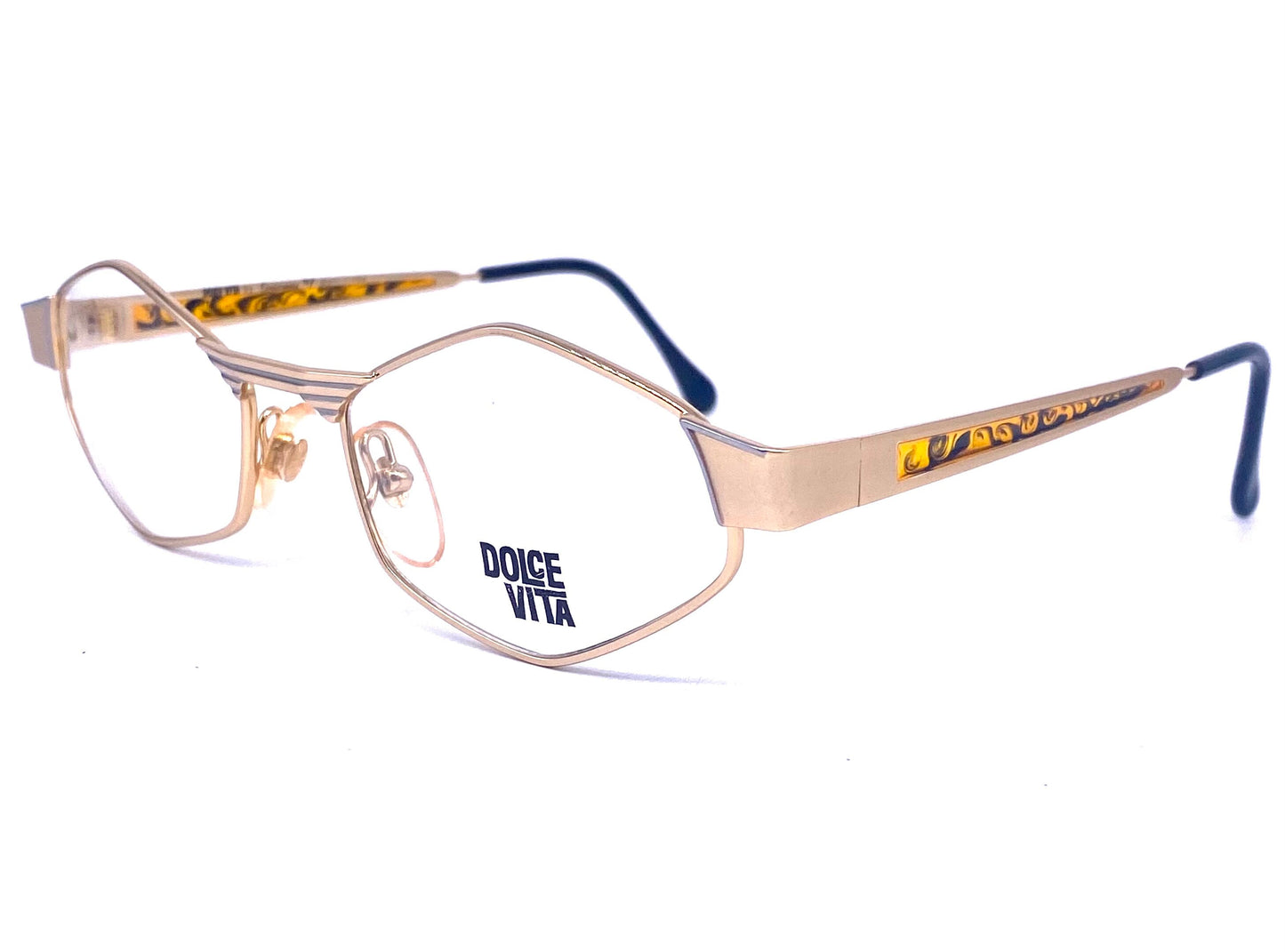 Dolcevita rare hexagonal gold frames w amber translucent inserts by Casanova, Italy 80s NOS