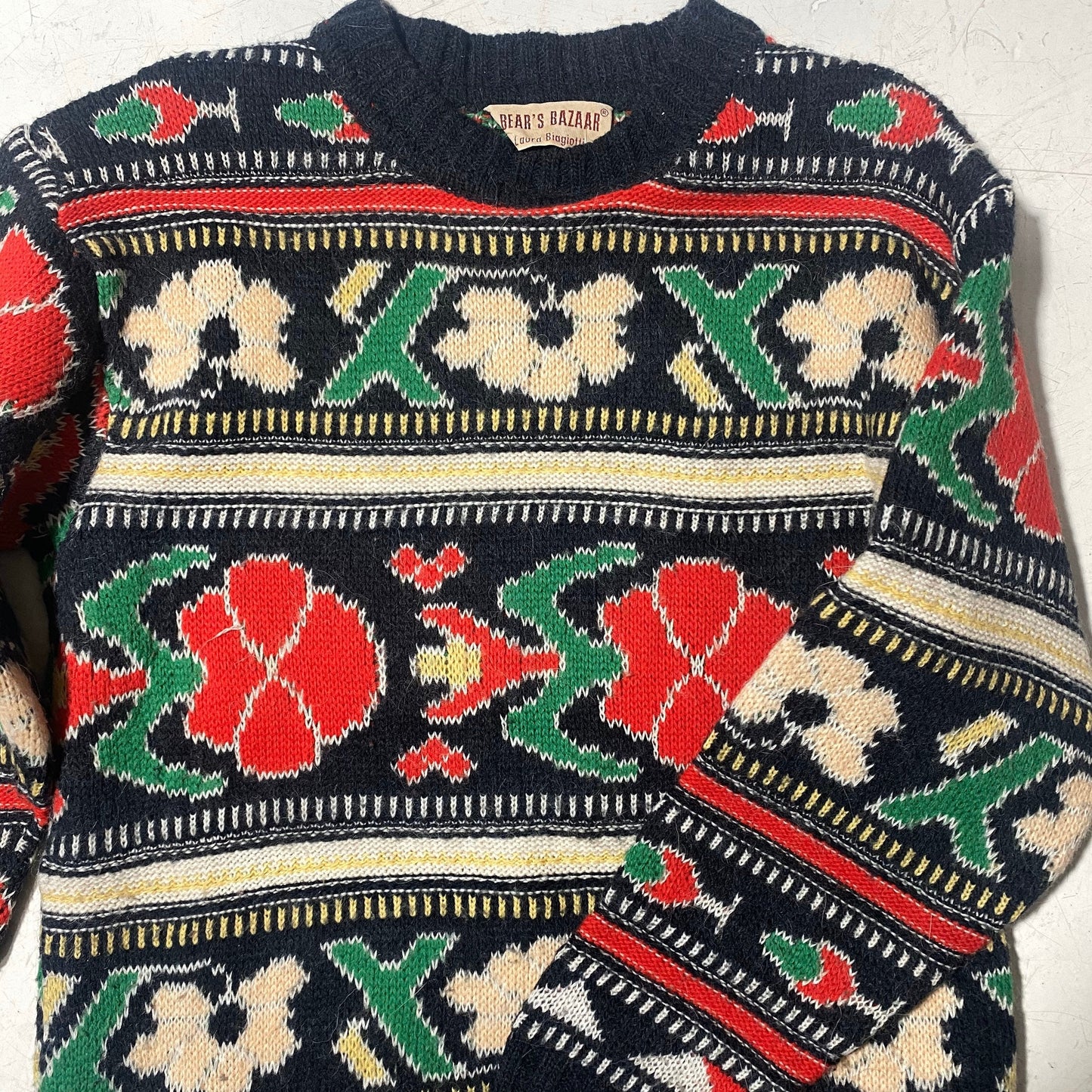 Biagiotti wool / alpaca blend Christmas sweater with geometrical / floral allover, 80s Mint condition