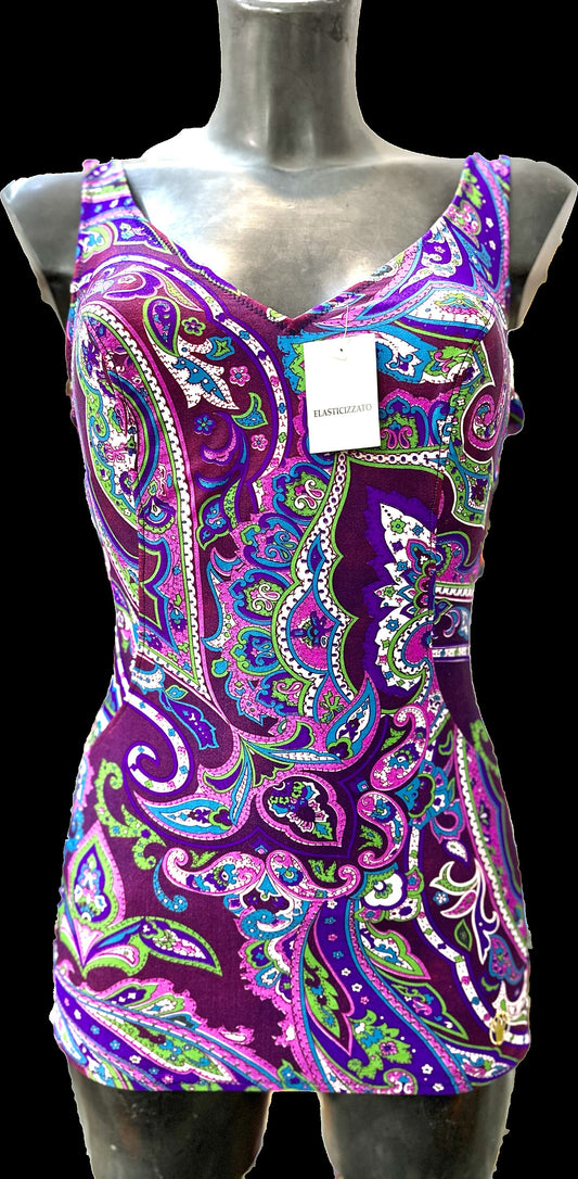 1970s NoS Purple / Green paisley swimsuit, cool skirt pattern, mint sz 42/44