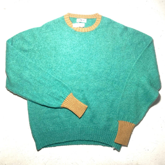 Façonnable Shetland new wool pullover in sea green w beige collar and cuffs, new old stock 80s w tags