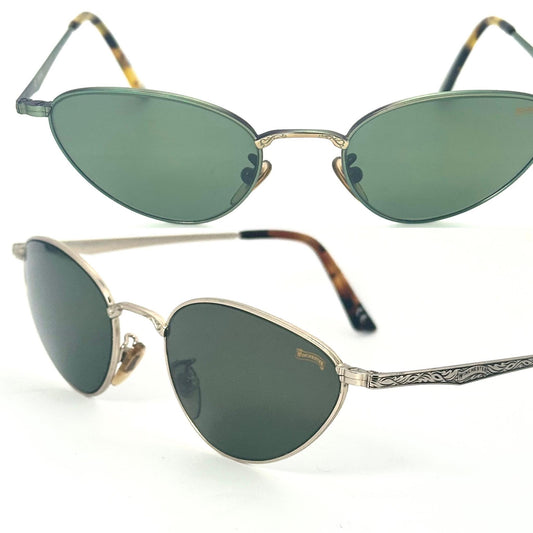 Winchester Hollywood metal cateye sungasses w decó carvings, fitted w finest tempered Crystals by Barberini, NoS 90s