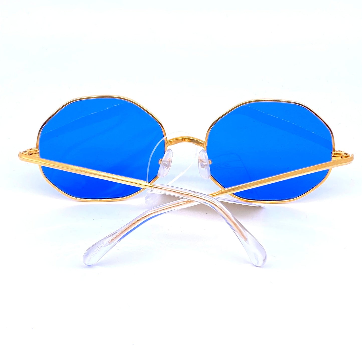 Incognito oversize octagonal sunglasses in golden metal w blue crystal lenses, NOs 70s Japan