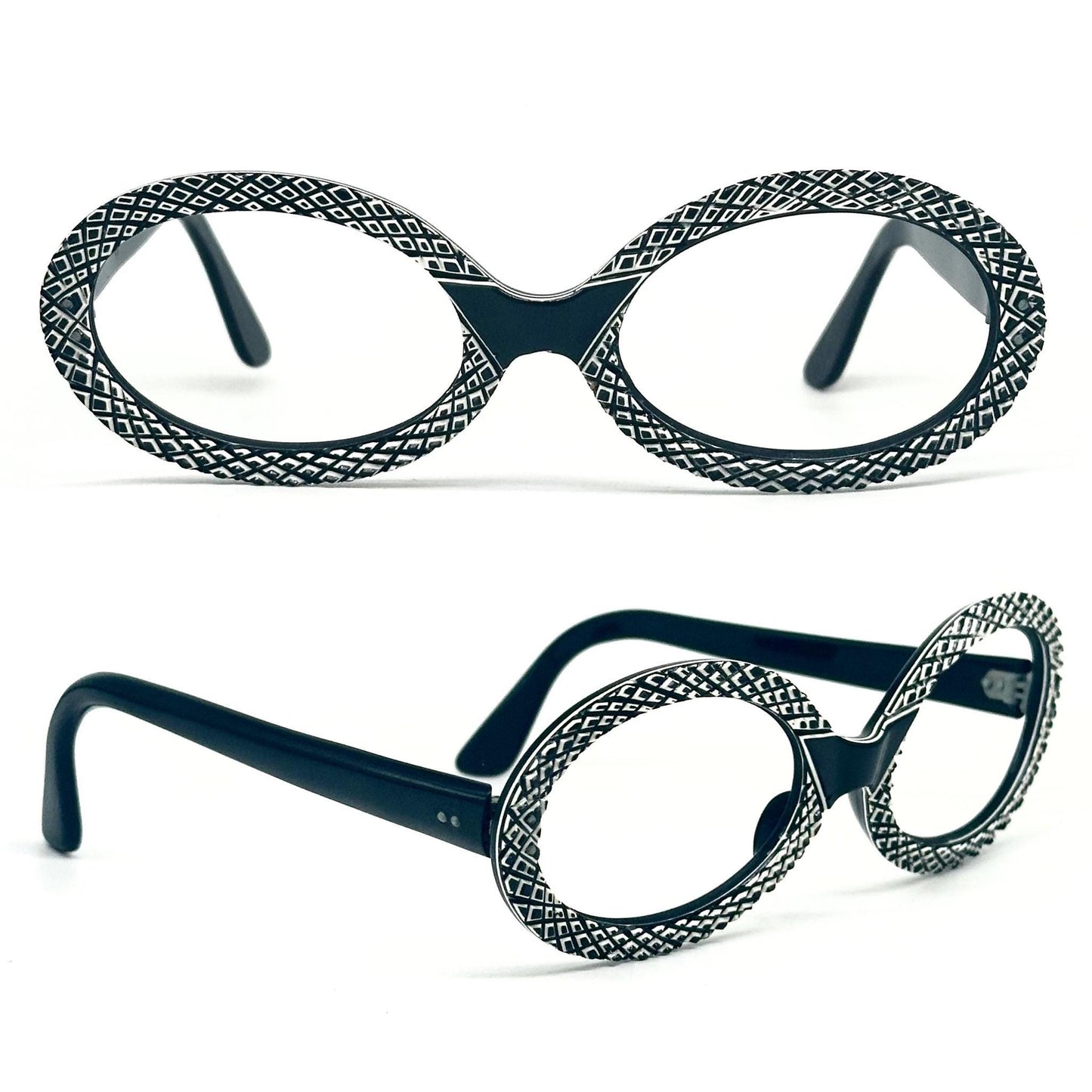 Oval vintage 1950s black eyeglasses handcrafted engraving frames with white thickness squares, NoS