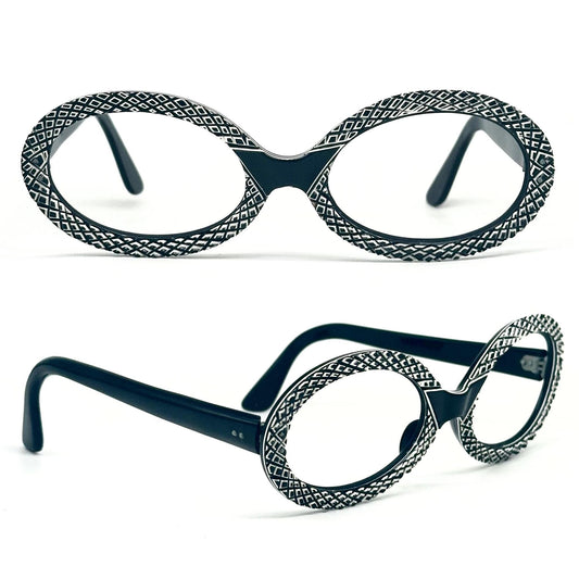 Oval vintage 1950s black eyeglasses handcrafted engraving frames with white thickness squares, NoS