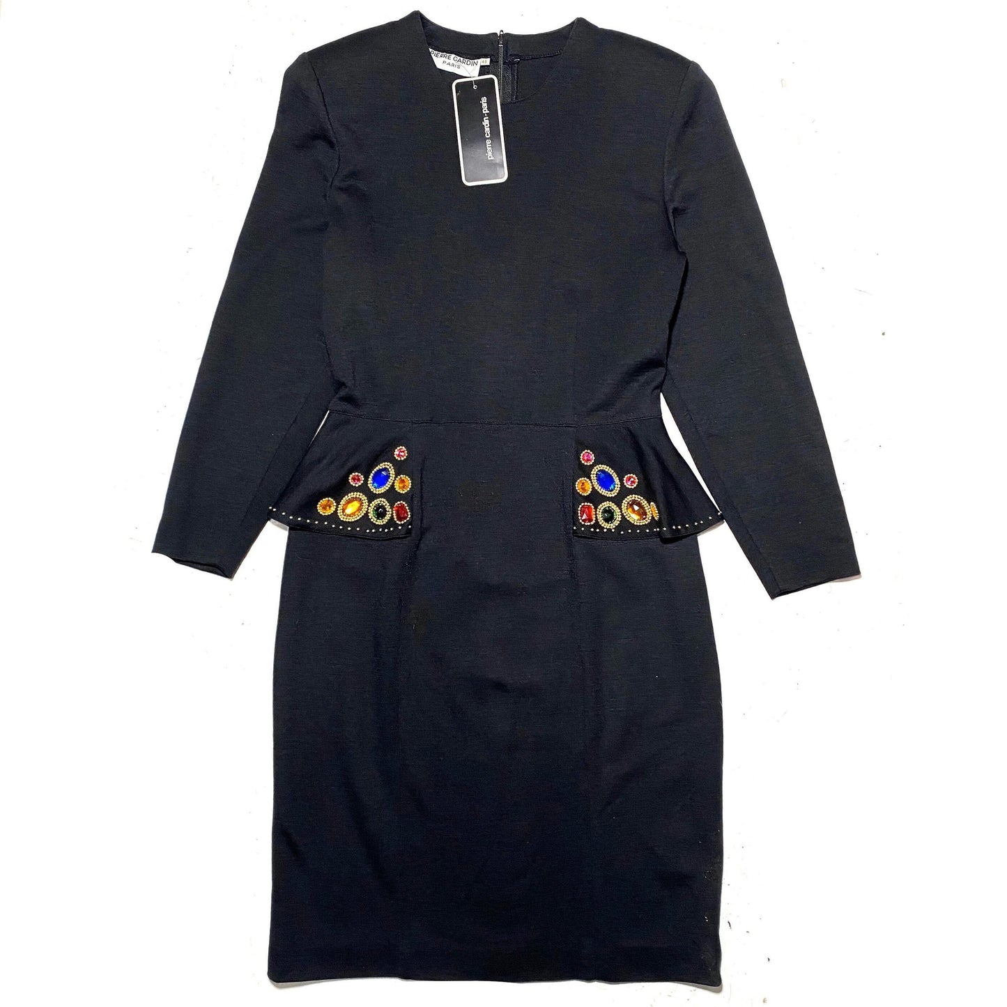 Pierre Cardin 80s NOS couture black embroidered dress made in France, with tags sz 46