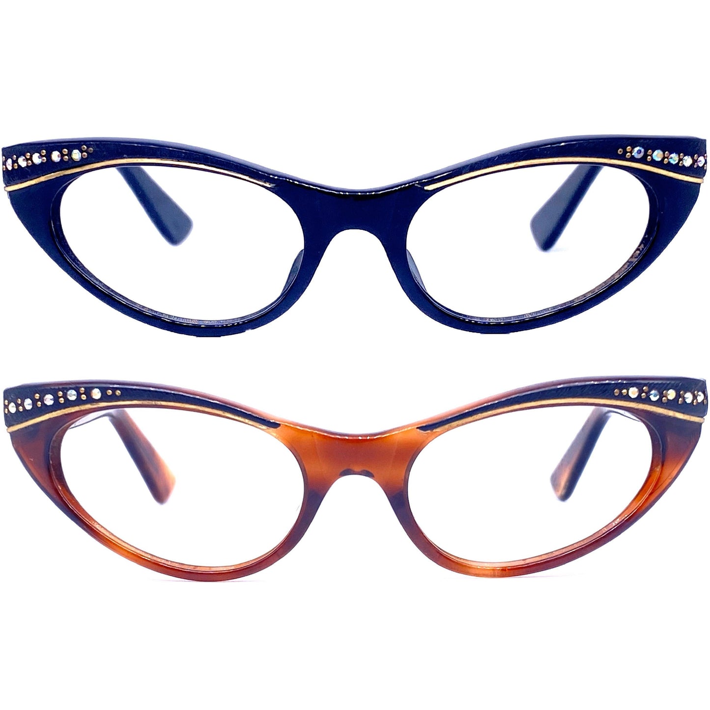 Black / tortoiseshell cateye eyeglasses with rhinestones and carved gold details, France 1950s NOS