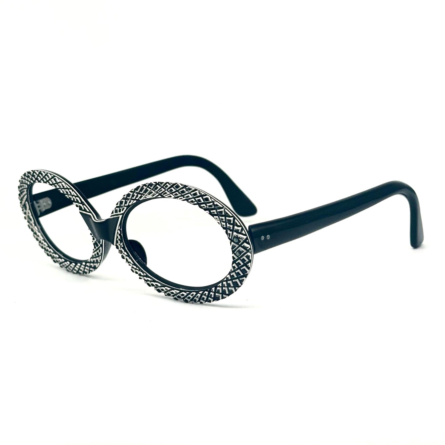 Oval vintage 1950s black eyeglasses handcrafted engraving frames with white thickness squares, NoS