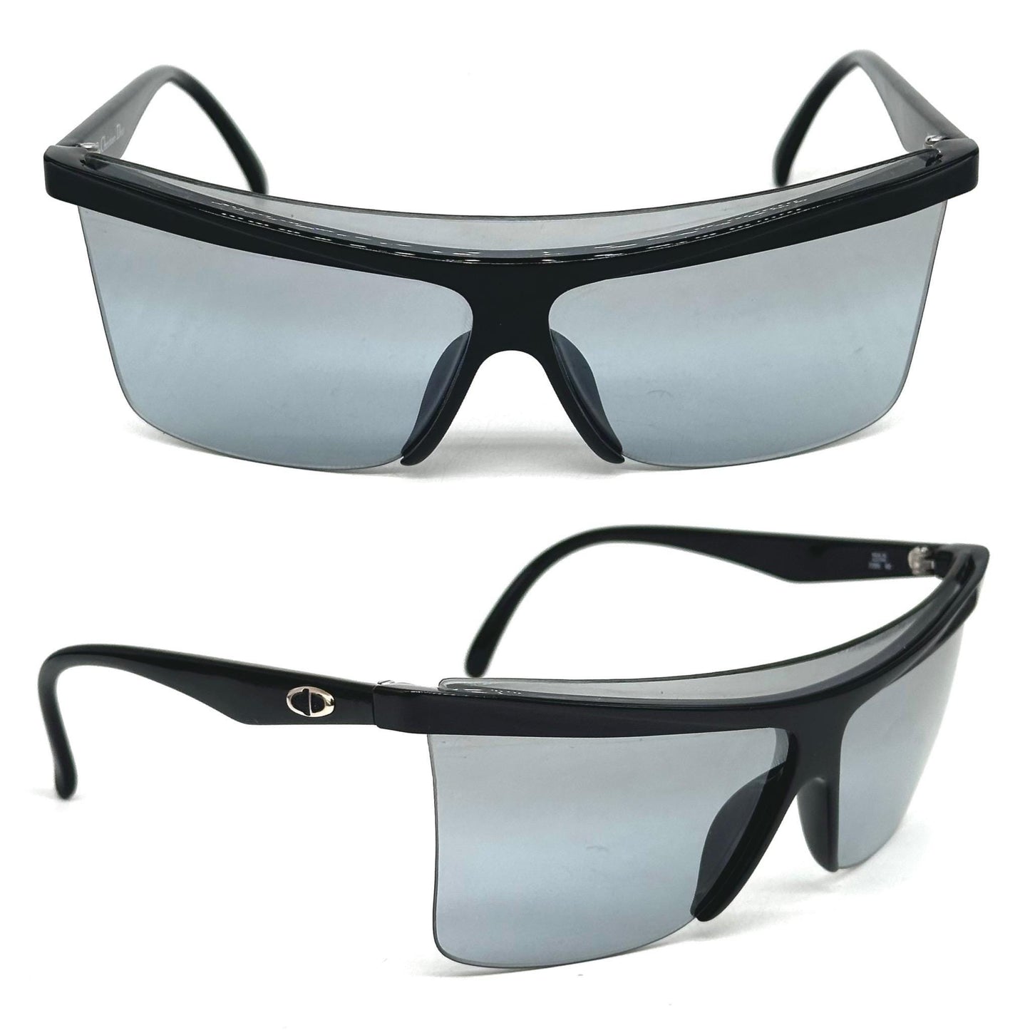 Christian Dior 2395 futuristc black optyl mask sunglasses with silver CD logo detail on temples 70s NOS