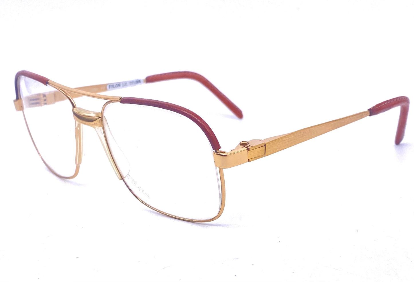 Filos dbl bridge square golden metal aviator frames with leather inserts, NOS 80s hand made in Italy