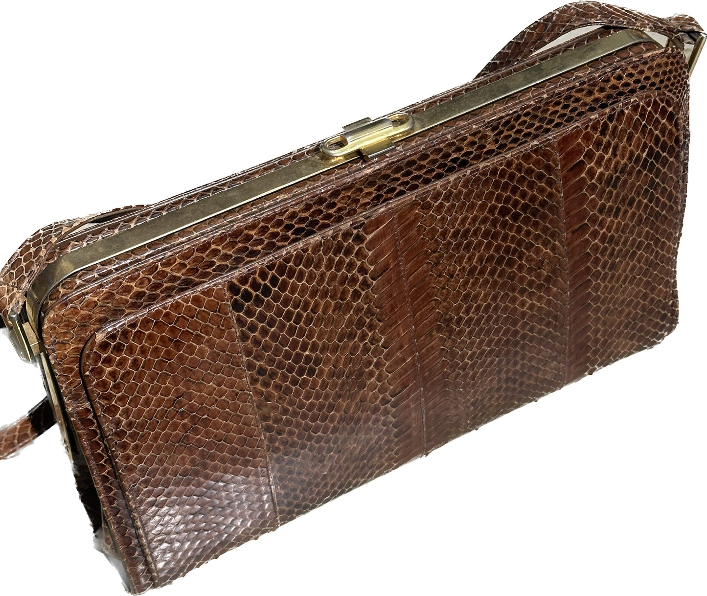 1970s artisanal snake leather shoulder bag, brown phyton skin evening pouch bag w/ golden brass framing, NOS 70s.