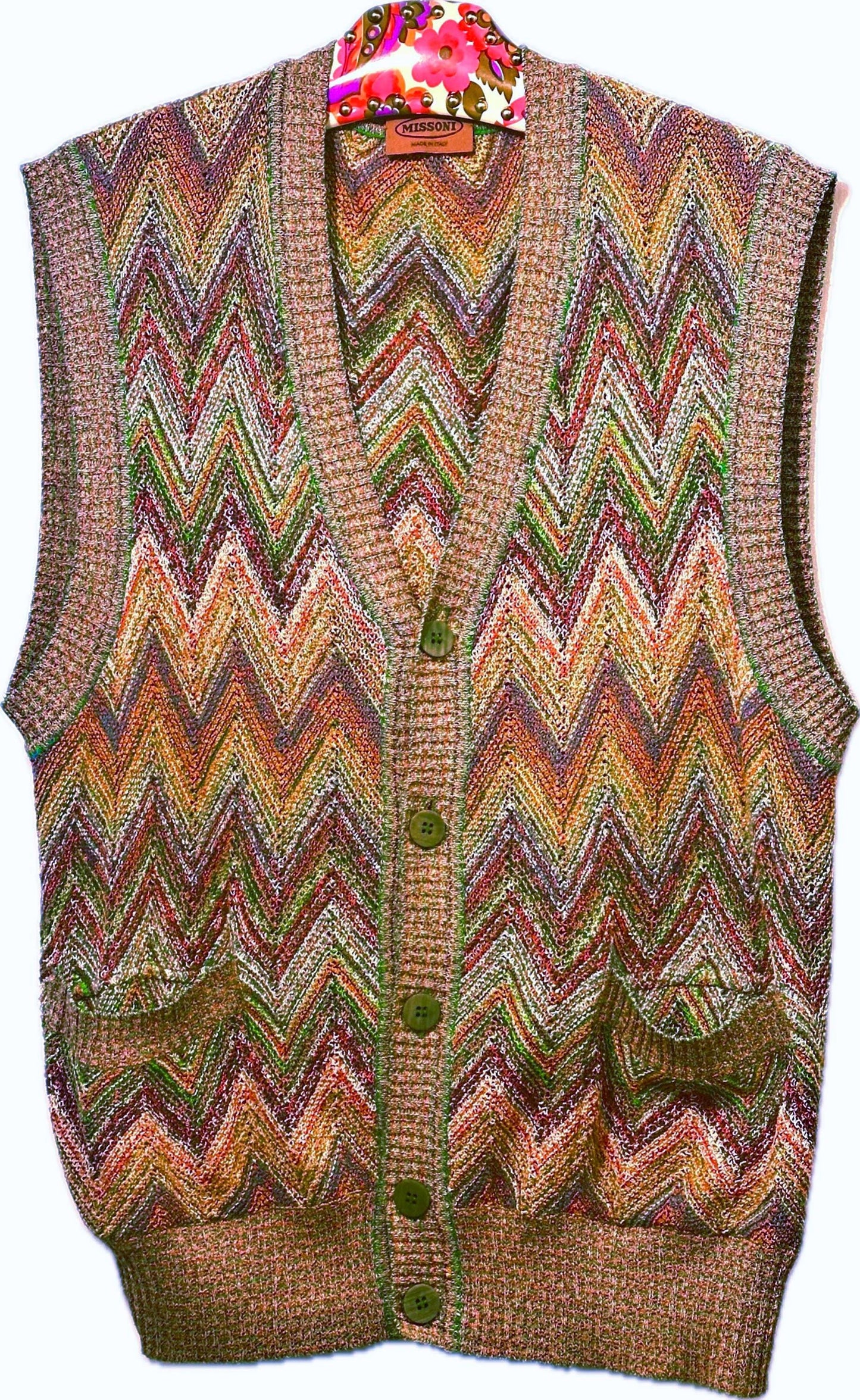Missoni iconic colorful zigzag stripes cotton-linen knit cardigan vest made in Italy, 1980s mint sz 50 / L