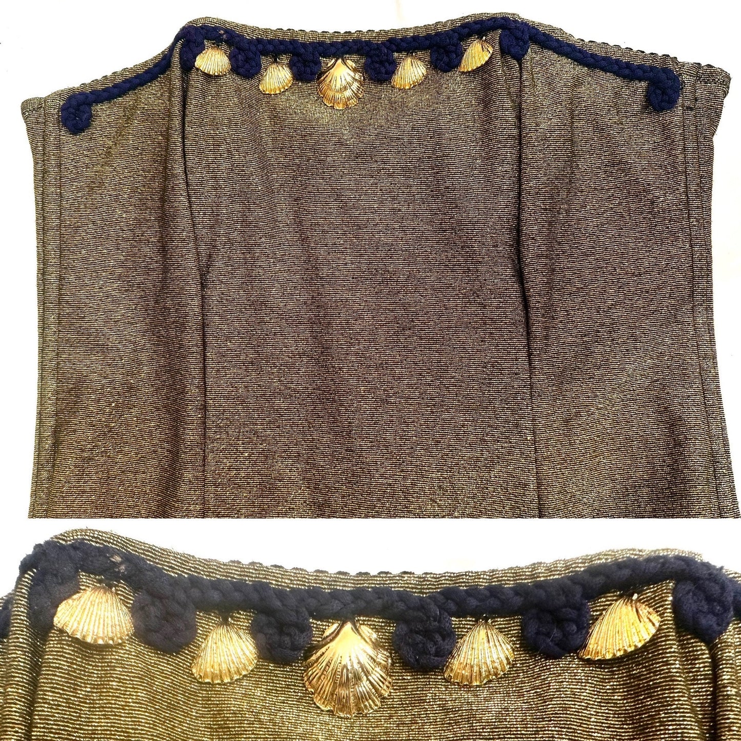 Novecento Maritime golden corset top w navy rope & golden metal shells, NOS 80s