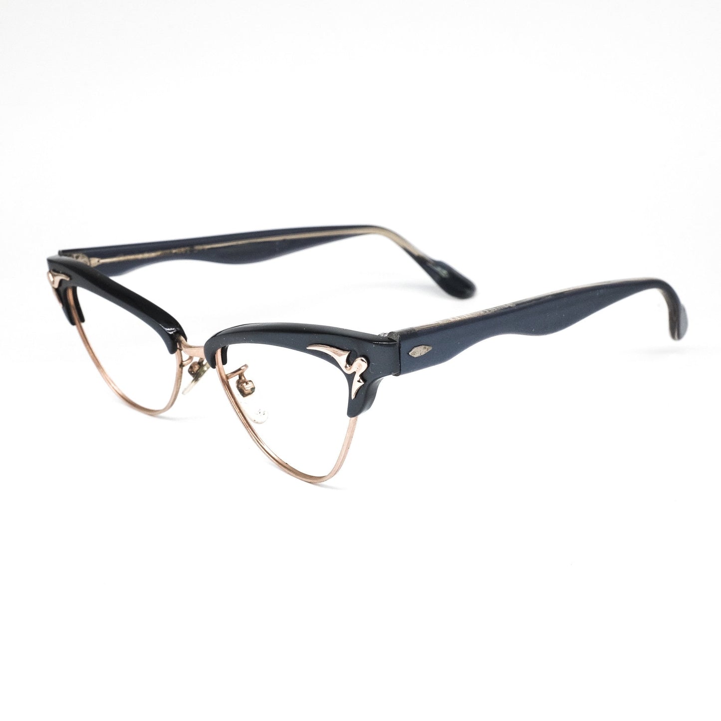 Bausch and Lomb B&L cello eyeglasses frames in clubmaster and cateye design with golden details, 1980s