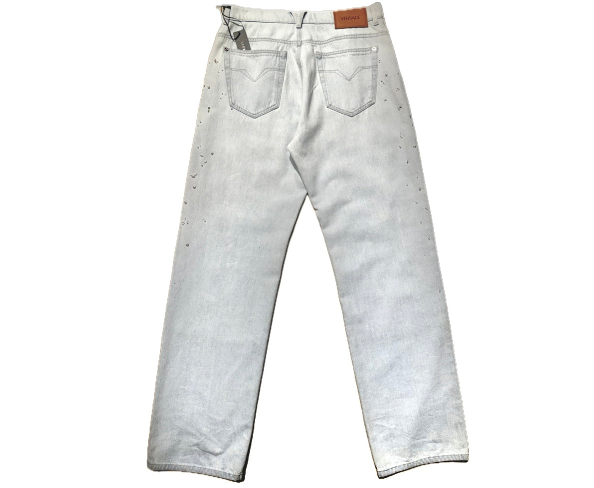Versace luxury hand Embroidered light denim trousers/ jeans made in Italy, NOS w tags sz 32