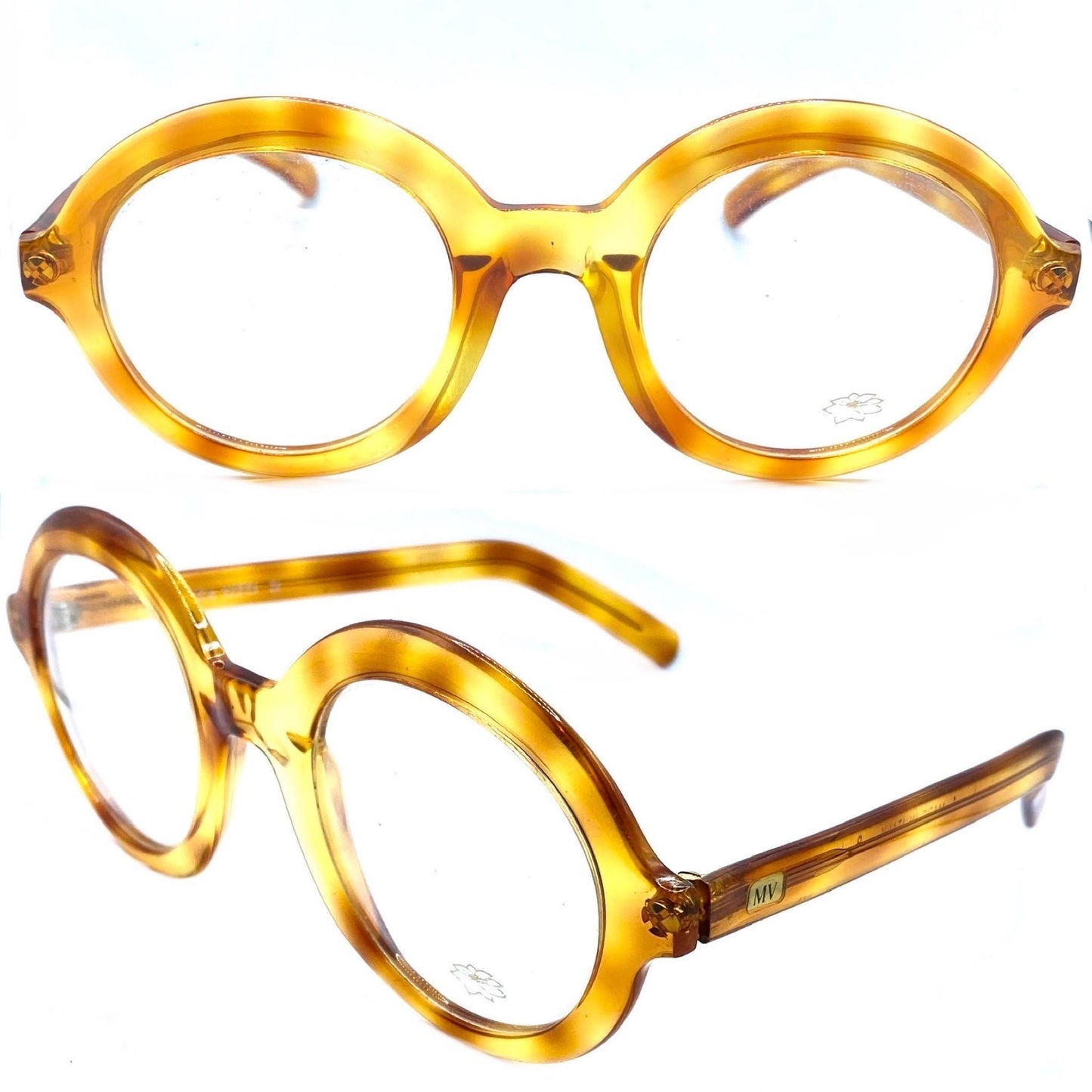 M Vitti cool round oversized light tortoise eyeglasses hand made in Italy, 80s NOS