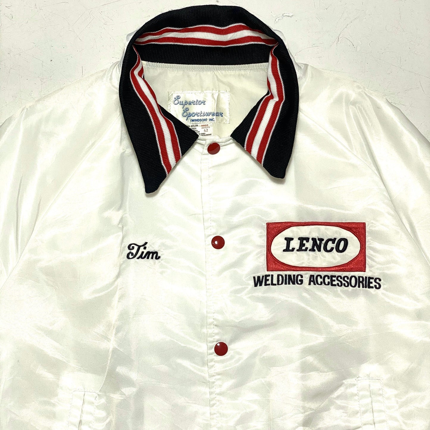 Collectible white satin varsity by Superior Sportswear x Lenco welding tools, mint condition sz M
