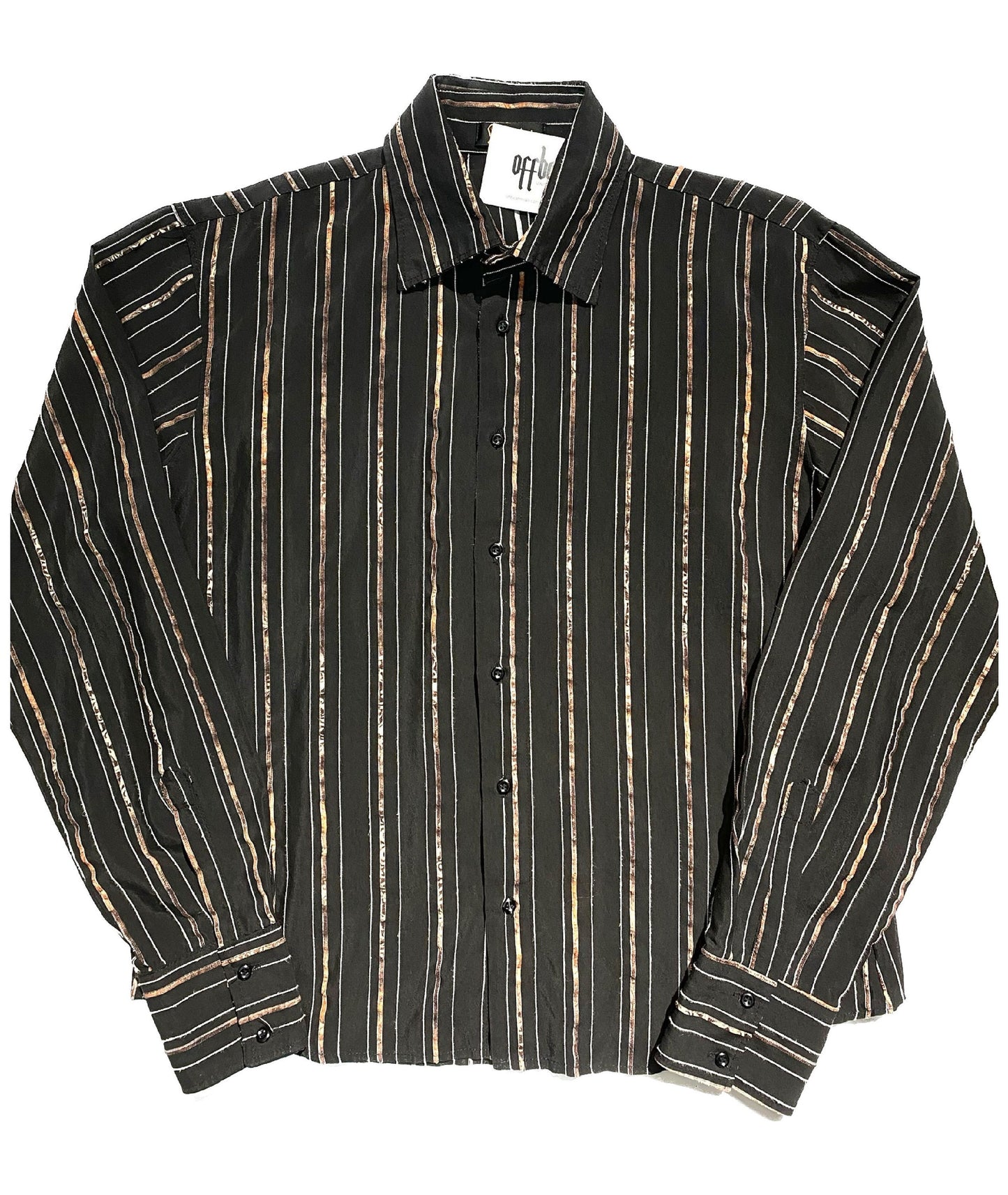 Black cotton shirt w alternate white & multicolor jacquard stripes; in mint condition, sz 48