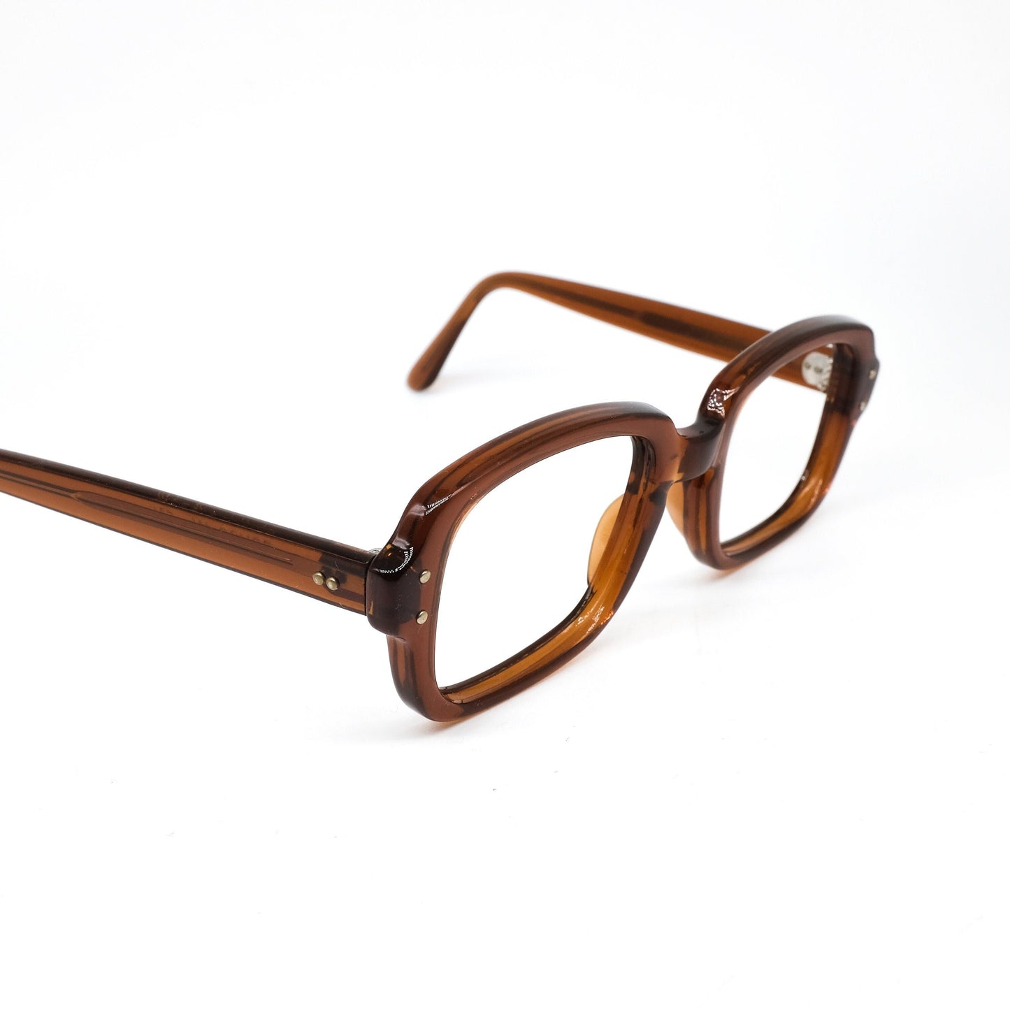 Romco US Army square brown translucent acetate glasses w silver metal pins, 1960s NOS brand new never worn