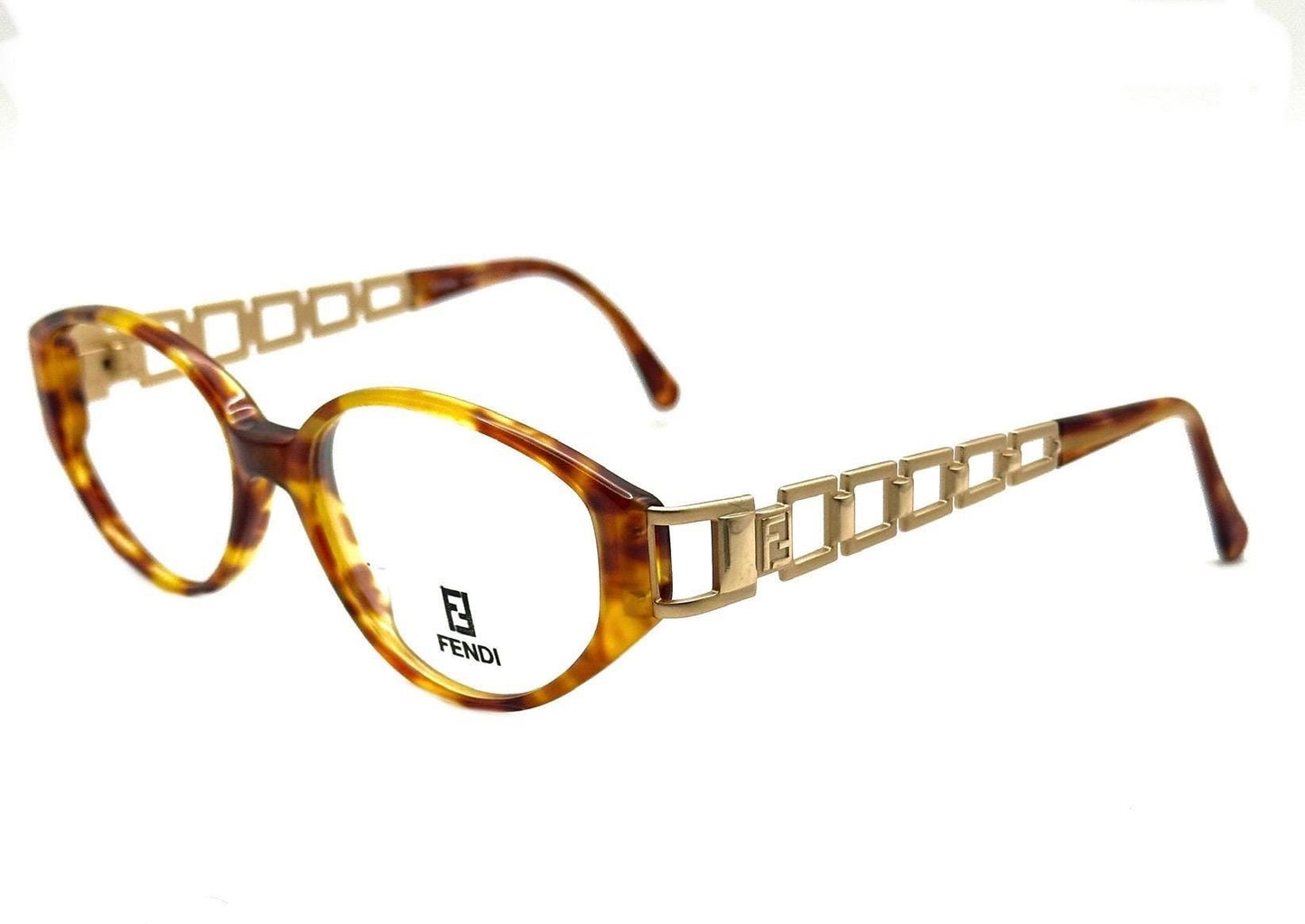 Fendi 7536 iconic cutoff chain temples tortoise cateye frames hand made in Italy, 90s NoS