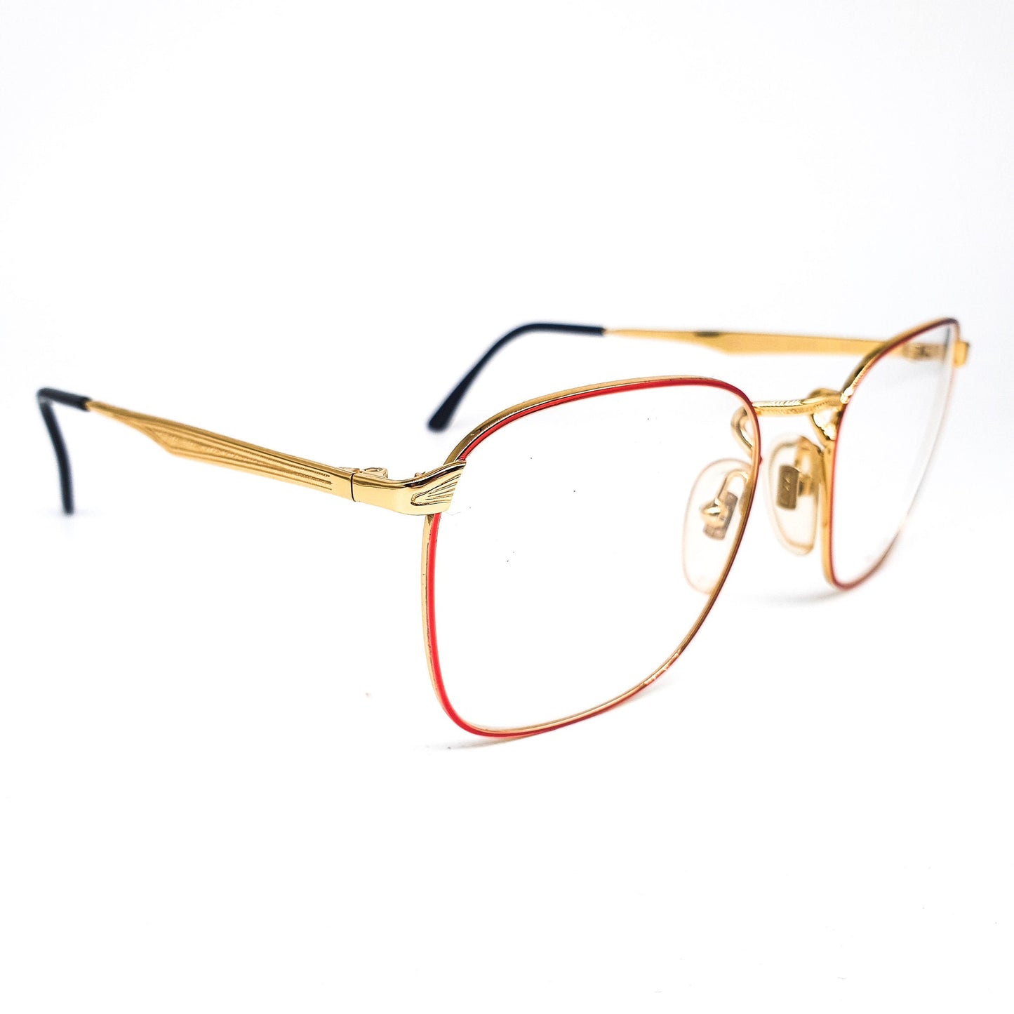 Lozza River square metallic eyeglasses frames with slim red rim and golden temples and nose bridge, 1970's  NOS Italy