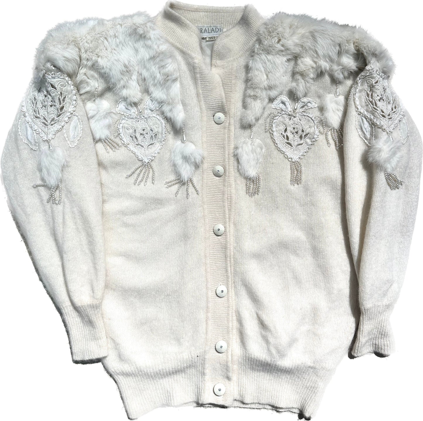 Hand Embroidered softest wool & angora w/ lapin fur inserts, total white Cardigan by Raladi Rome, mint