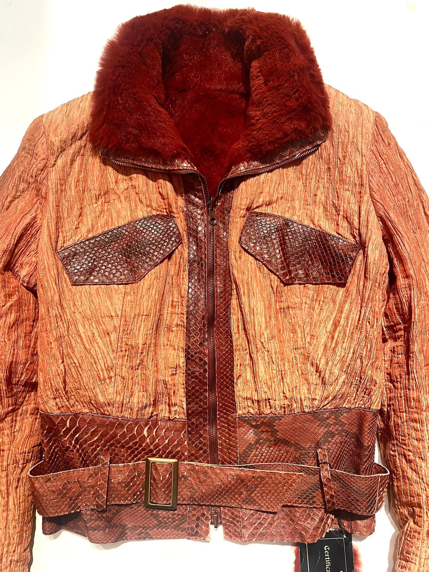 Artisanal 2 in 1 lapin fur / satin crèpe  jacket w python leather details, NOS 90s Italy sz 46