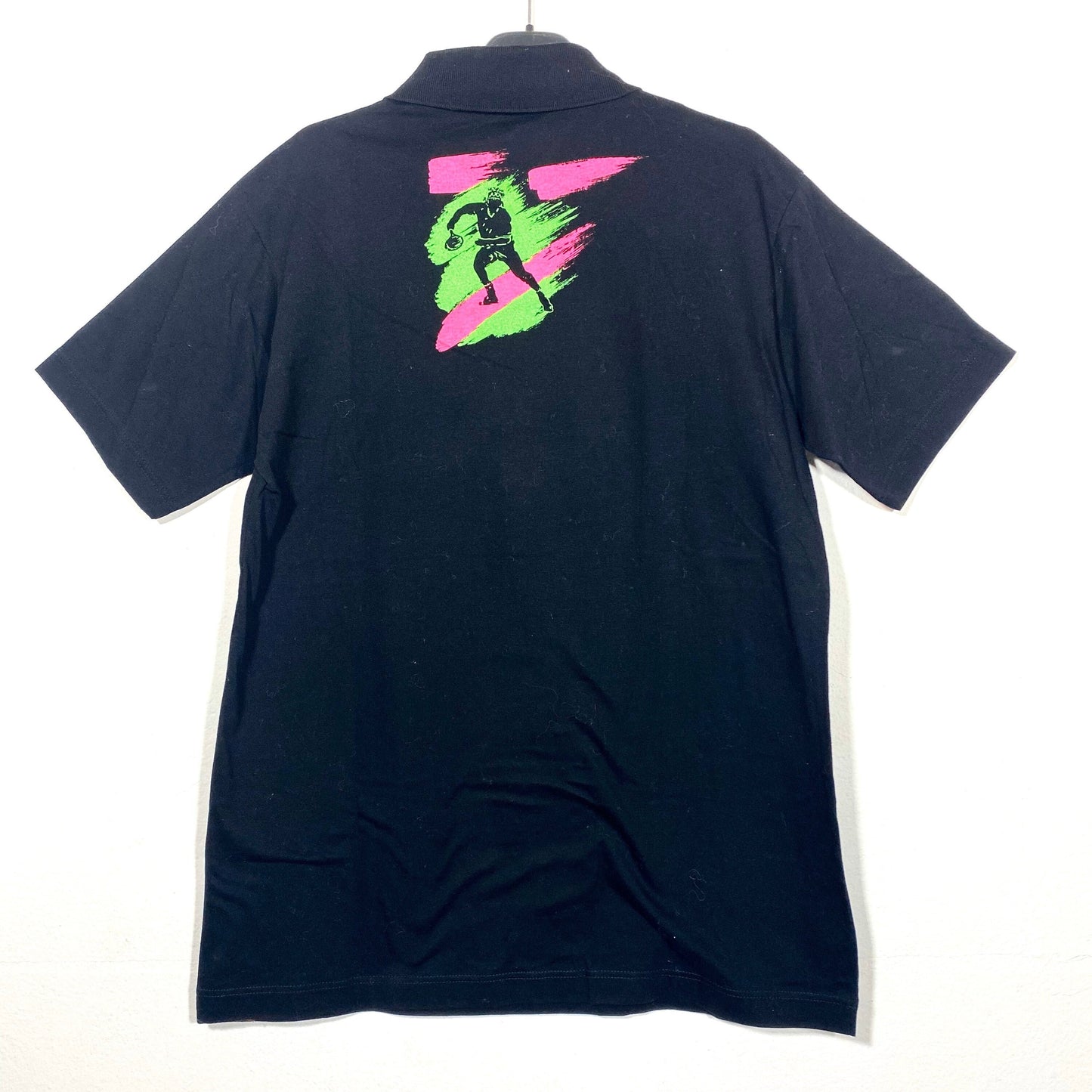 Sergio Tacchini black tennis polo shirt with neon colors print, 90s NOS