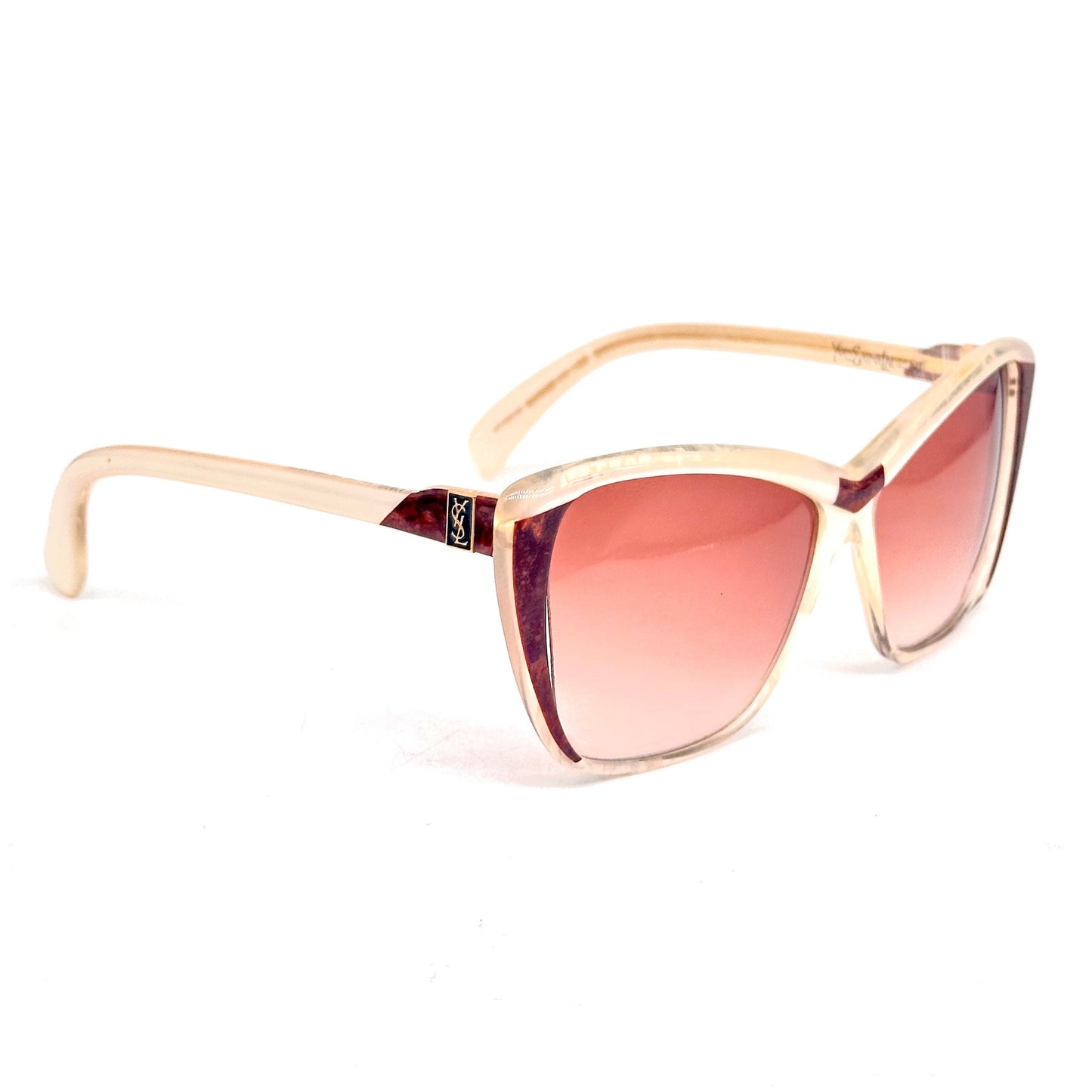 YSL Saint Laurent 8706 sunglasses made in France, marbled pearl & textured brown oversized style, 80s NOS
