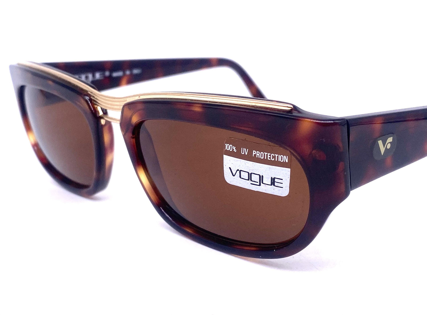 Vogue square tortoise sunglasses w golden metal inserts, NOS 80s Italy