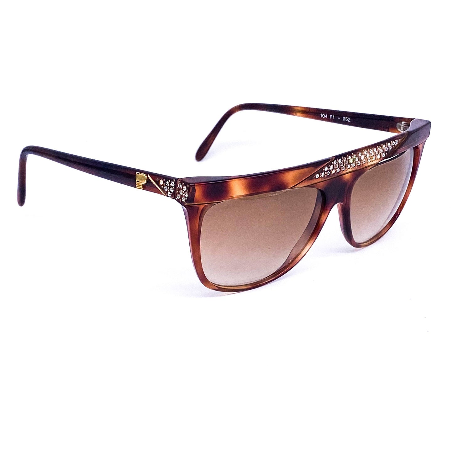 Premiere 104 P1 cello brown tortoise sunglasses enriched with rhinestones and a thick flat browline design, Made in France in mint condition