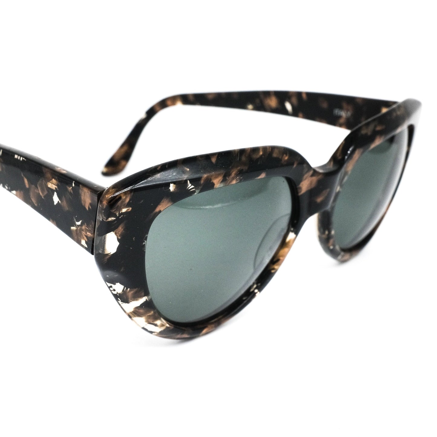 Agora by Polaroid 8394 vintage black brown tortoise acetate cat eye sunglasses with black lenses, 1990s NOS. Framed in Italy