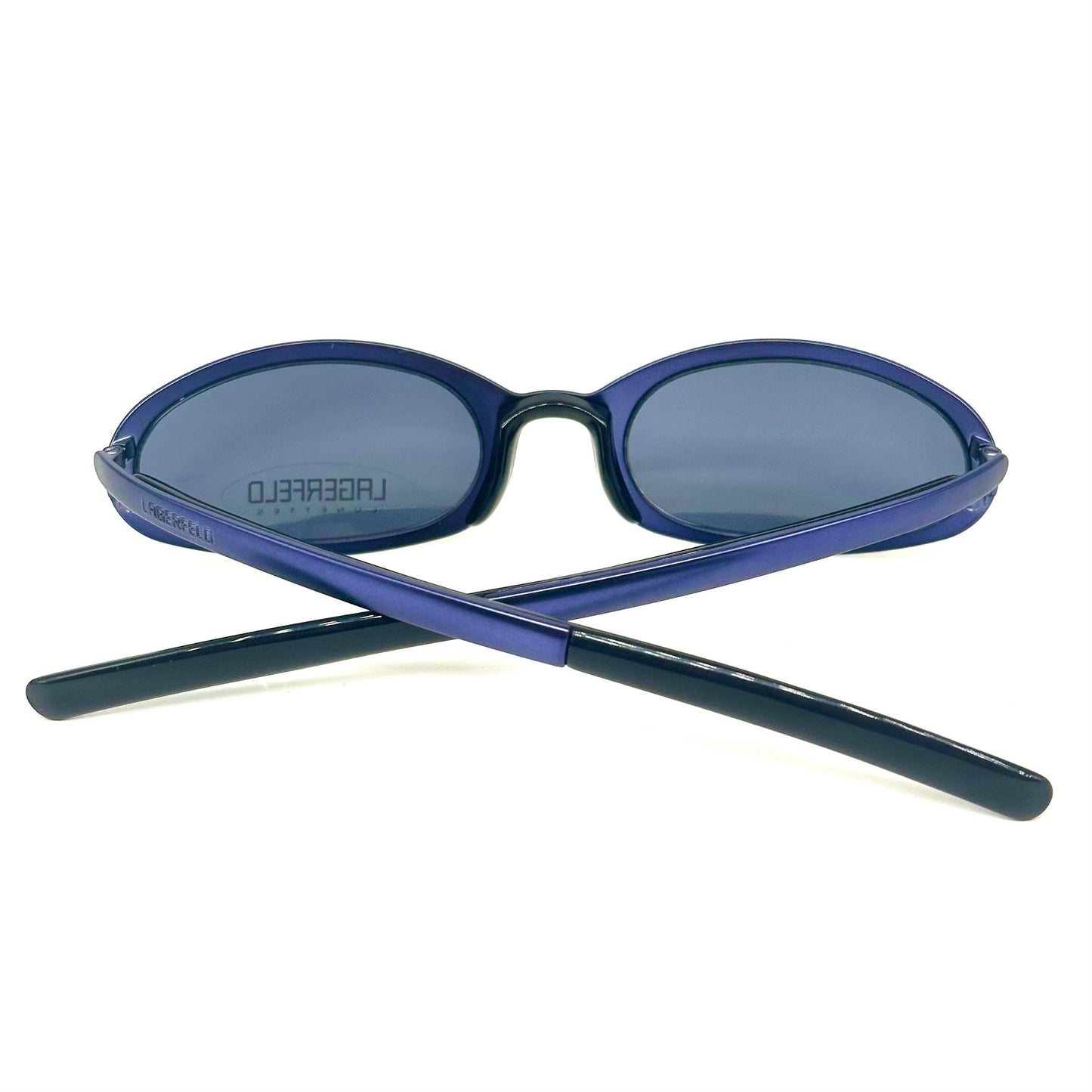 Karl Lagerfeld 4201 oval recatngle wrap around metallic blue and black sunglasses 1990s, NOS