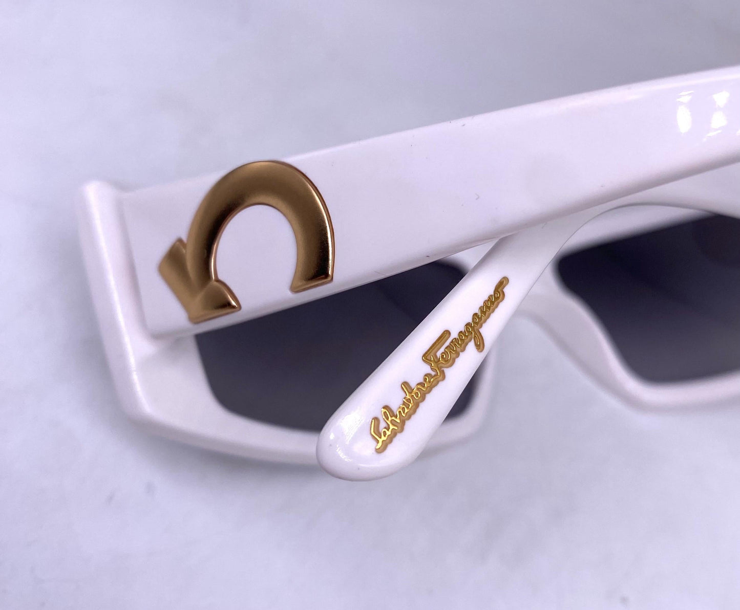 Ferragamo white acetate rectangular sunglasses w golden metal details / logo inlays, NOS