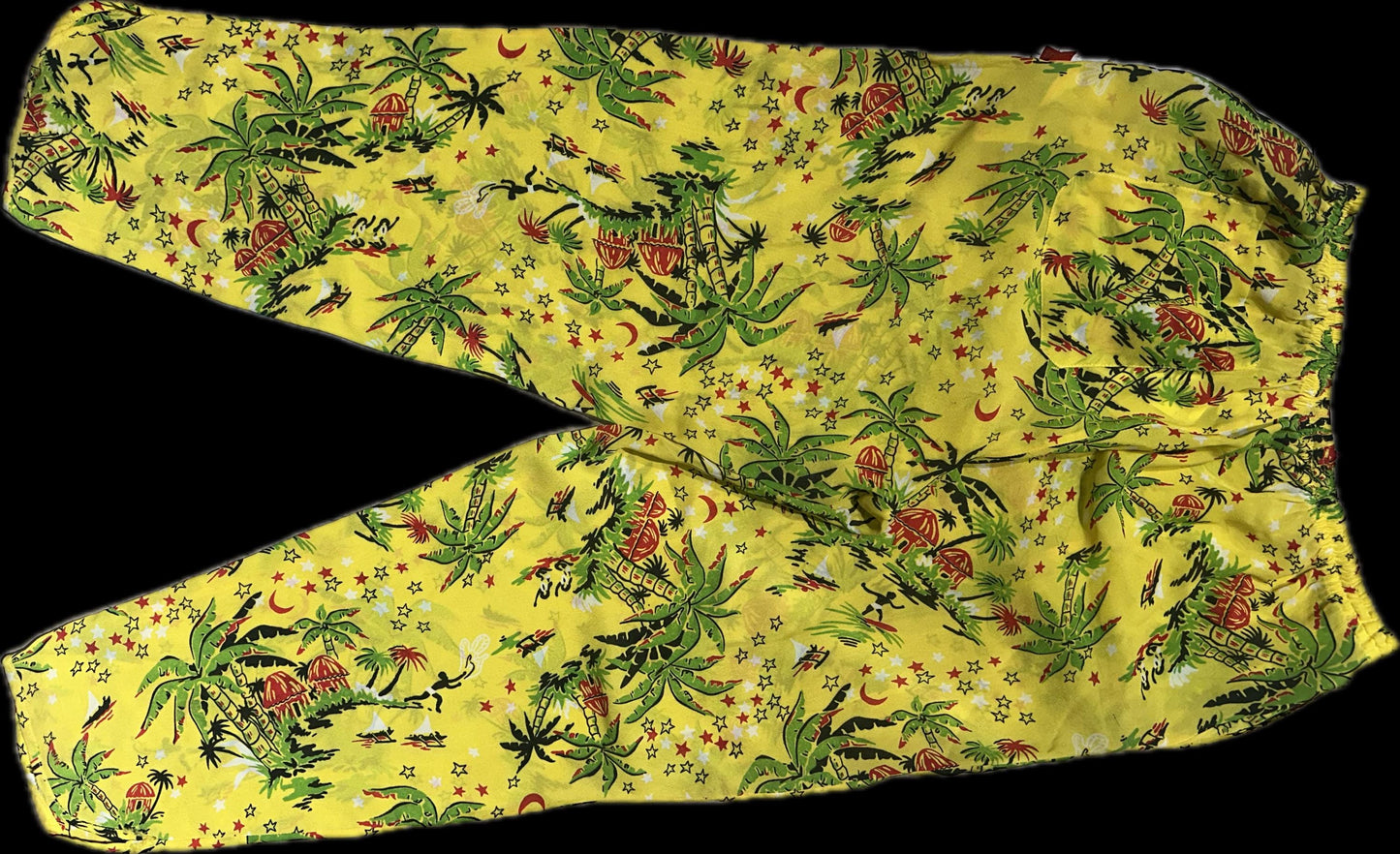 Fiorucci cool yellow Aloha beach trousers w Palms, surfers and stars/moon allover, Italy 80s