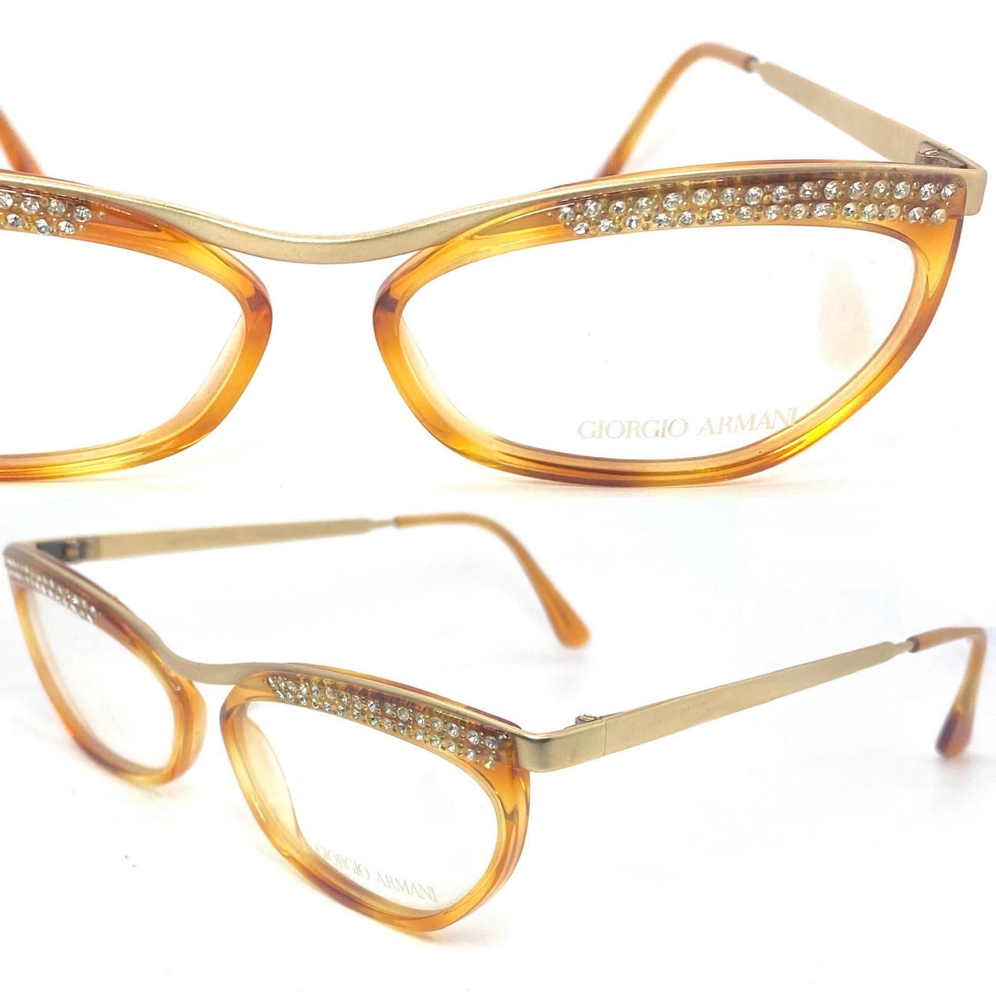 Giorgio Armani 413 demi blonde / Matt gold cateye eyeglasses w/rhinestones browline detail, NOS 80s Italy