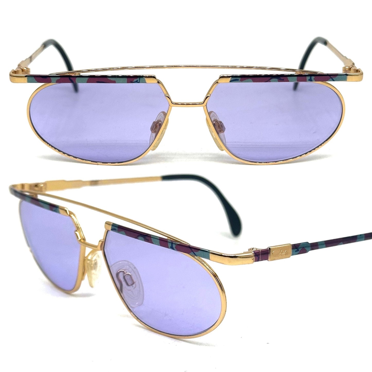 Cazal 254 avant-garde golden dbl bridge sunglssses with colorful enameled details, NoS 80s W Germany