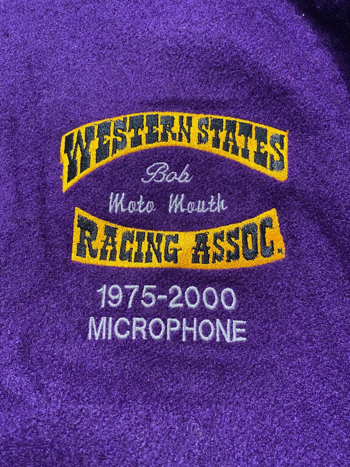 Western St. Racing Ass. Purple wool Varsity Jacket w embroidered details, XL